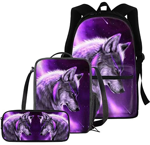 chaqlin Schulranzen-Set für Jungen und Mädchen, 3-teiliges Set + Thermo-Lunchbox + Federmäppchen, Galaxy Space Wolf, Kinderrucksack
