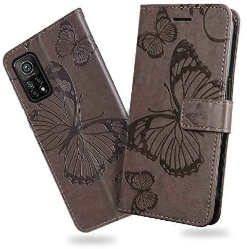 DENDICO Hülle für Xiaomi MI 10T / MI 10T Pro, PU Leder Magnetverschluss Flip Handyhülle Schutzhülle mit Standfunktion und Kartenfach für Xiaomi MI 10T / MI 10T Pro, Grau