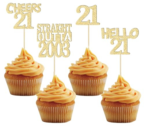 Gyufise 24 Stück Happy 21st Cupcake Topper Glitzer Twenty-one Straight Outta 2002 Cupcake Picks Cheers to 21 Years Birthday Kuchen Dekorationen für Happy 21st Birthday Anniversary Party Supplies Gold