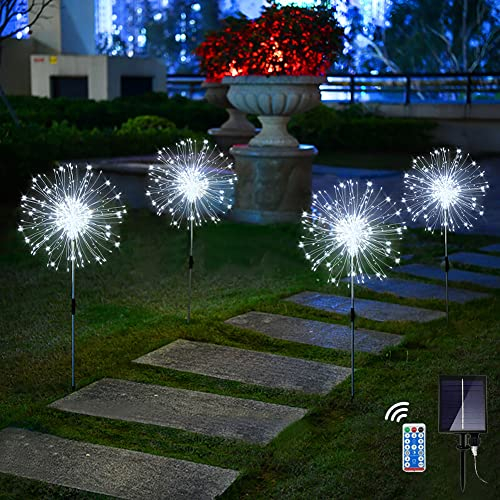 Redefun Solar Gartenleuchten 4 x 120 LED Solarleuchte Feuerwerk, 8 Modi Garten Pusteblume Solarlampen Wasserdicht Gartendeko Solarlicht mit Fernbedienung für Außen Balkon Deko(Kaltweiß)