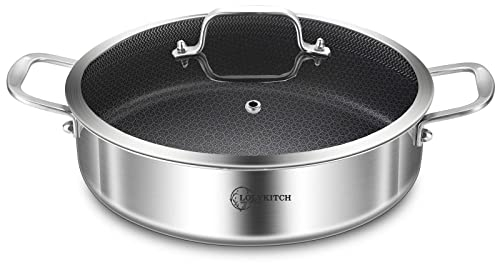 LOLYKITCH 6 Qt Tri-Ply Stainless Steel Non-Stick Sauté Pan with Lid, 12 Inch Deep Frying Pan, Large Skillet, Jumbo Cooker, Induction Cooking Pan, Heavy Duty and Oven Safe
