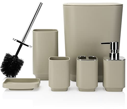 JOTOM 6 Pieces Bathroom Accessory Set Luxury Plastic Bathroom Accessories Set Trash Can Toilet Brush Set Toothbrush Holder Tumbler Soap Dish Soap Dispenser Bath Set Gift (Beige)