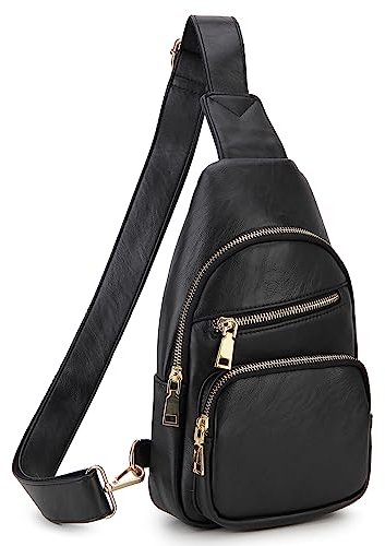 VX VONXURY Brusttasche Damen, Vegan Leder Bauchtasche Umhängetasche Klein, Sling Bag mit Breiten Gurten für Outdoorsport Reisen Arbeiten Einkaufen
