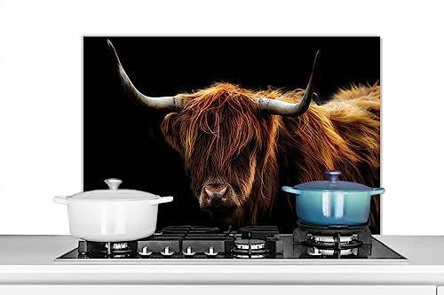 KitchenYeah© Spritzschutz Küchenrückwand Küche Deko Aluminium Platte Wandschutz Herd Spritzschutz WandverkleidungSchottisches Hochlandrind - Tiere - Fell - Kuh - 90x60 cm