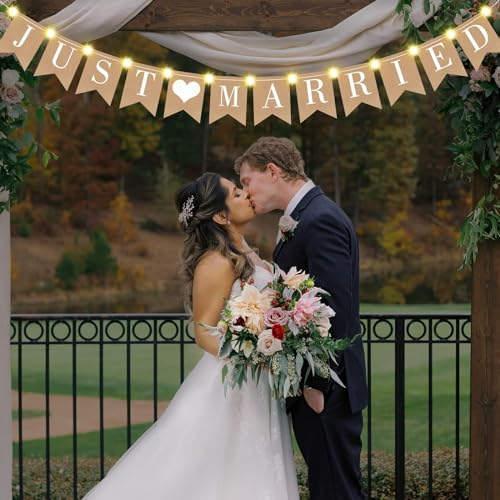 Just Married Girlande, Hochzeitsdeko Lichterkette Just Married Deko Hochzeitsbanner Wimpelkette Party Girlande Banner Liebesballons für Dekoration Booth Fotografie von Hochzeit Party