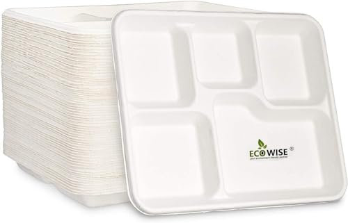 BH | 5 Compartment Bagasse Dinner Plates | 200-Pack | 100% Biodegradable and Compostable | 5 CP Food Tray | ECO Friendly Dinner Party Plates, Made from Sugarcane Fibre - by Best House
