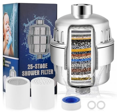 25 Stage Shower Filter with Vitamin C for Hard Water, Shower Head Filter with Replaceable Multi-Stage Filter Cartridges, Hard Water Filter Shower Head for Removing Chlorine Heavy Metal