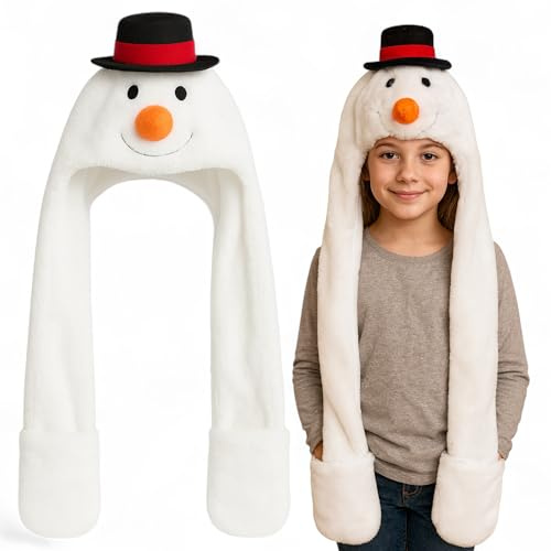 MIJOMA Kinder Plüschmütze mit Schal – Weihnachtliche Designs mit Integrierten Plüschschals – Wintermütze mit Taschen – Kuschelig weich – Weihnachtsmütze aus Plüsch (Einheitsgröße, Schneemann)