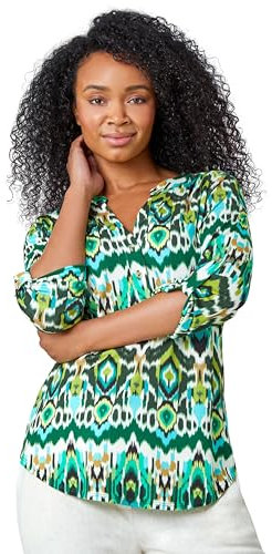 Roman Originals Shirt for Women UK Ladies Top Collarless Blouse Stretchy Tunic Smart Casual Autumn Winter Jersey 3/4 Length Sleeve Notch V Neck Flattering Office Work - Petite Khaki - Size 14