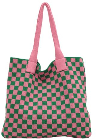 EHOTER Borsa tote all'uncinetto da donna, grande capacità, borsa a tracolla, borsa hobo per lavori a maglia, estetica fatta a mano, regalo per donne e ragazze, Rosa-verde.