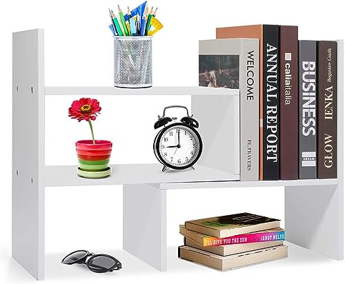 Book Shelf,Desk Shelf,Small Bookshelf Rack,Wood Desk Shelves Organiser,Adjustable Desktop Storage,Display Bookcases Desktop Bookshelf,Desktop Shelf,Desk Shelf Organiser for Office,Kitchen (White)