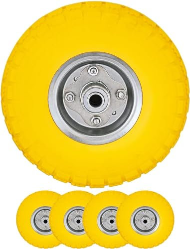 Top Home Solutions® Wheelbarrow Wheels – 10” Yellow Puncture Proof 4.10/3.50-4 Solid Rubber Tyre Replacement Wheel For Sack Truck, Garden Trolley, Lawn Carts (Pack of 4)