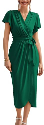 GRACE KARIN Damen Klassisches Businesskleid Schlank Wickelkleid V-Ausschnitt Elegant Abendkleid Kurzarm Brautjungfernkleid mit Gürtel für Hochzeit Dunkelgrün M