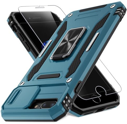 DEERLAMN Case for iPhone 7 Plus/8 Plus Case with Slide Camera Cover+Screen Protector(1 Pack), Rotated Ring Kickstand Military Grade Shockproof Protective Cover 5.5 Inch-Light Blue