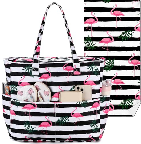 LEDAOU Strandtasche, wasserdicht, sanddicht, für Damen, Pooltasche mit Reißverschluss, für Fitnessstudio, Lebensmittel, Reisen, mit Nassfach, Strandtuch - Pink Flamingo Schwarz, Large