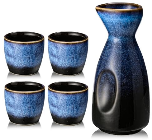 Juego de sake con taza y olla de vino, juego de porcelana para calentador, 1 olla de sake y 4 tazas de sake (A2)