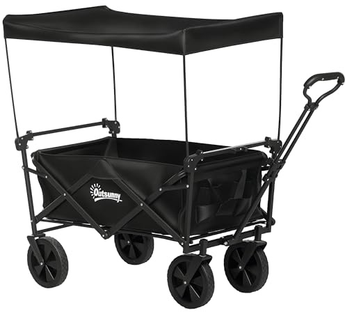 Outsunny Carro Playa Plegable con Toldo Desmontable 100 kg Negro