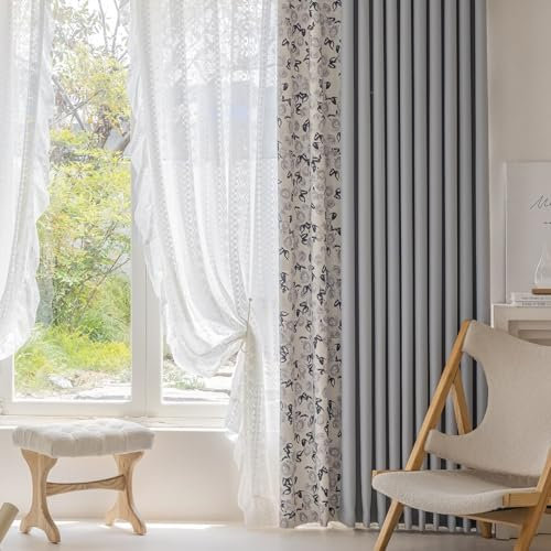 Daesar Vorhänge Blickdicht 2er Set 96x214CM, Verdunkelungsvorhang Ösen Französisch Bedruckt mit Blumen Motiv Grau Vorhänge Gardinen Fenster Schlafzimmer Wohnzimmer