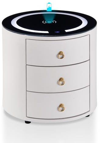 TUKAILAI Nachttisch mit Wireless Charging & 3-Farbiger LED Beleuchtung, Moderner Nachtschrank mit 3 Schubladen, Rundes Nachtkästchen aus Kunstleder, Weiß, 46x46x46cm