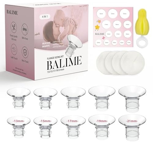 Flange Inserts for Breast Pump, BALIME 10PCS Flange Insert 13/15/17/19/21mm for 24mm Flange of Most Pump, Breast Pads, Nipple Measurement Card,Compatible with Medela Elvie Momcozy Spectra Bellababy
