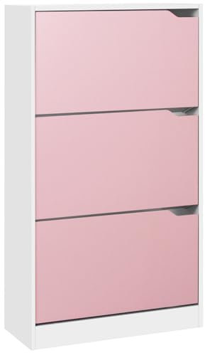 BAKAJI Zapatero de Madera MDF con 3 Puertas para Zapatos abatibles, Asas retráctiles, Doble Profundidad, tamaño Compacto, 63 x 24 x 115 cm, Ahorra Espacio en la Entrada de casa (Rosa y Blanco)
