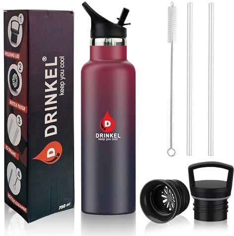D Drinkel Stainless Steel Water Bottle with Straw,750ml Vacuum Insulated Sports Water Bottles for Cold and Hot, BPA-Free, Leakproof Metal Water Bottle with Extra Holding lid Gym Camping (Red Black)