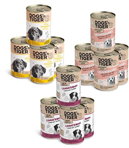Dogs’n Tiger Junior Hundefutter, Nassfutter, Getreidefrei ohne Zuckerzusatz & künstliche Konservierungsstoffe, optimale Verträglichkeit, Mixpaket Happy Puppy, Welpen Futter, Geflügel & Lamm, 12x 400g