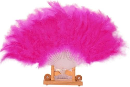Folding Hand Fan, Handheld Fan Bamboo Hand Fan School Showgirl Dance Elegant Large Feather Folding Hand Fanic Fan Handheld(White)-Hot Pink