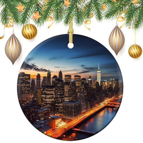 Weihnachtsschmuck New York City Landschaft Weihnachtsdekoration Doppelseitig Rund Keramik Weihnachtsbaum Ornamente Hängende Xmas Ornamente für Weihnachtsbaum