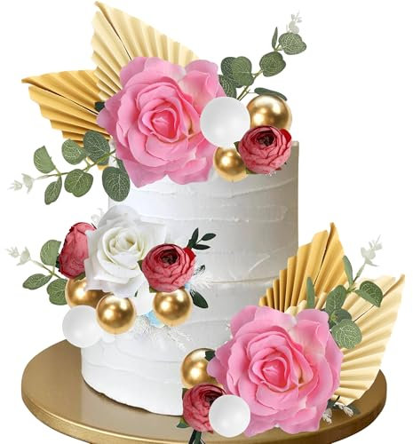 SYKYCTCY 25 Pack Flower Cake Decorations Ball Cake Toppers Artificial White Pink Rose Flowers Paper Palm Fan Cake Picks for Baby Shower DIY Wedding Birthday Party Supplies