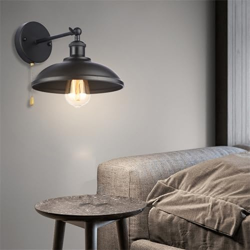 GZZBMY Innen Schwarz Wandleuchten mit Zugschalter Wandlampe Metall Retro Industrie Drehbar Wandlicht E27 Vintage Design Korridor Dekorative Wandbeleuchtung Innen für Schlafzimmer Wohnzimmer (1 Stück)