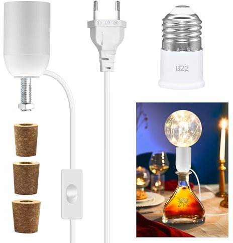 Lampenfassung für Flaschen, Weiße Flaschenadapter Lampe mit 7.87Ft Kabel mit Schalter und Stecker, DIY Flaschenlampe Fassung, E27 Flaschenlampe Aufsatz mit 3-Typen Bung für Verschiedene Flaschen,60W