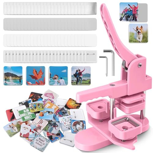 KEYSAFER Square Button Badge Maker Kit 2'' x 2'' (50 * 50mm) Press Machine With 100 Making Supplies, DIY Photo Picture Pin for Team Gift (Pink)