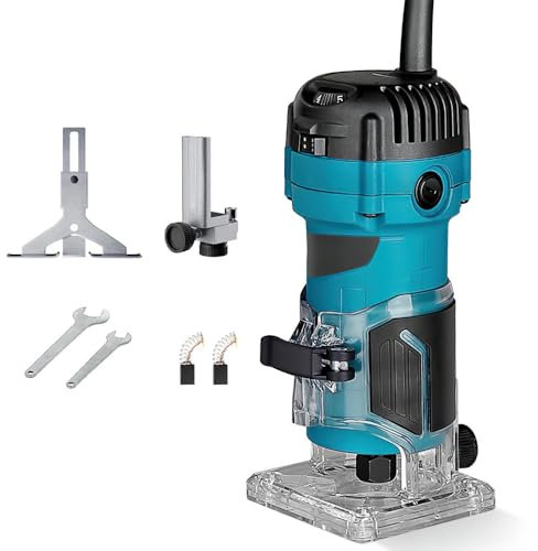 Affleurse Trimmer Router Fresatrice Elettrica Attrezzo per Legno 800 W, 34000RPM, Pinza 6,35 mm + Confezione di 15 frese da 1/4 per lavori di bosco caduto (senza fresa)