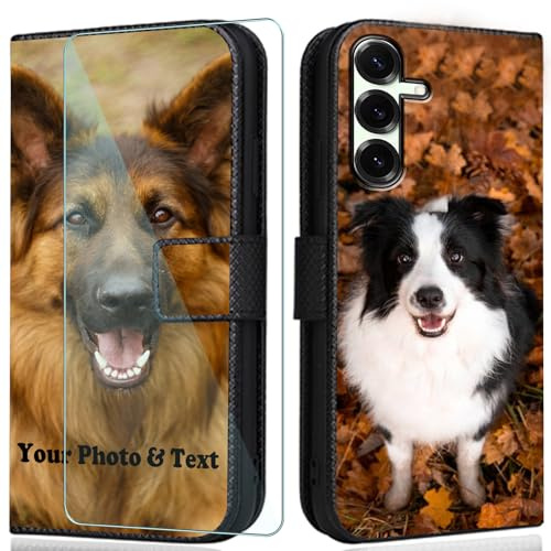 WISTFULNAI Personalisierte Leder Handyhülle + 1 Stück Schutz Glas für Samsung Galaxy A14,Individuelle Text Bildern Flip Klapphüllen,Hülle mit Foto für Samsung Galaxy A14 - Black-ZW