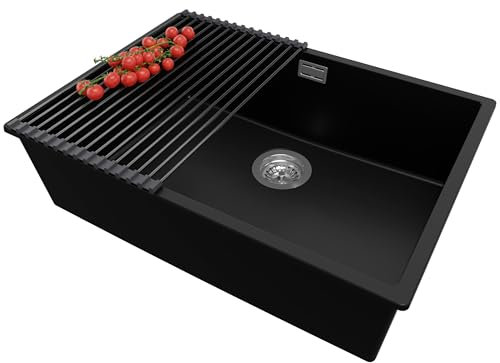 PRIMAGRAN Fregadero Cocina Negro 66x47cm, Granito 1 Seno + Sifón + Enrollable Escurridor, Sobre encimera al mueble 70cm - London Slim