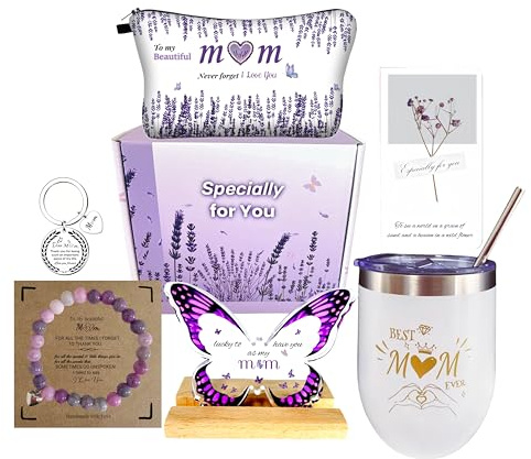 WOSHIDEFA Gifts for Mum - Mum Birthday Gifts - Mothers Day Gift, Gift for Mother from Daughter Son Christmas - Best Present for Mom with Tumbler, Makeup Bag, Butterfly Decor Purple