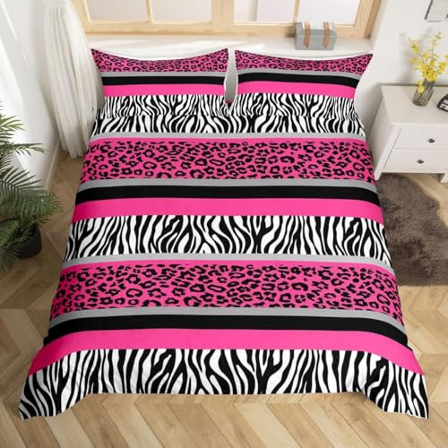 richhome Zebra Rayures Parure de Lit Leopard Housse de Couette 240x260cm Enfants Garçons Filles Rose Noir Blanc Zebra Leopard Fourrure Ensemble de literie Ultra Doux Animaux Sauvages