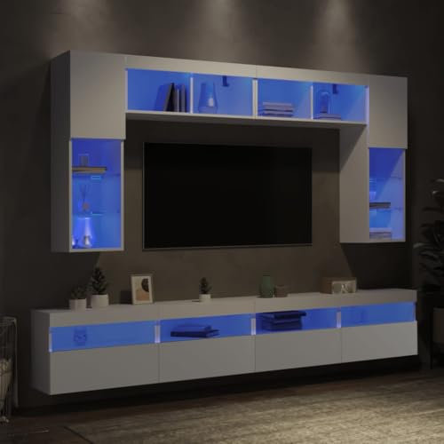 Woonisher Ensemble de Meubles TV muraux 8 pcs avec lumières LED Blanc Ensemble Meuble TV et Table Basse