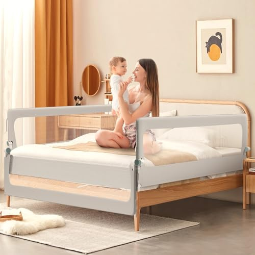 Jopassy 2X Bettgitter 200+150 cm Bettschutzgitter Schnellklapp Kinderbettgitter für Kinder,Rausfallschutz Boxspringbett Klappbar Montage luftiges Rausfallschutz Bett für Kleinkinder Baby,Grau