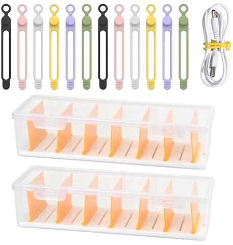 DecorDwell 2 Stück Kabel Organizer Box für Kabelaufbewahrung und Sortierung, Datenkabel-Organisator Kleiner, Transparenter Kabel Aufbewahrungsbox mit 14 Kabelbindern, für Ladekabel, Kabelschutz