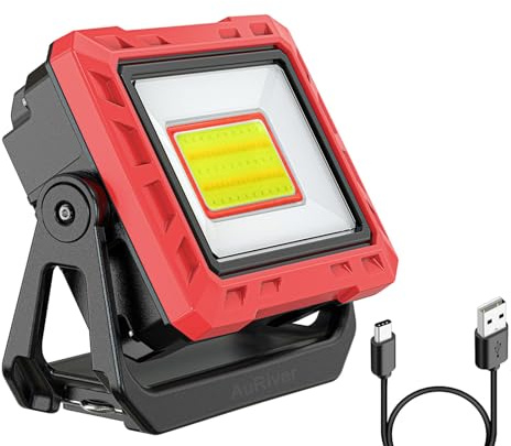 AuRiver LED Arbeitsleuchte, 2000 Lumen Super Helle Werkstattlampe, Aufladbar Tragbare Akku Lampe Inspektionslampe mit Magnetfuß, für Garage Werkstatt Baustelle Camping (Rot1)
