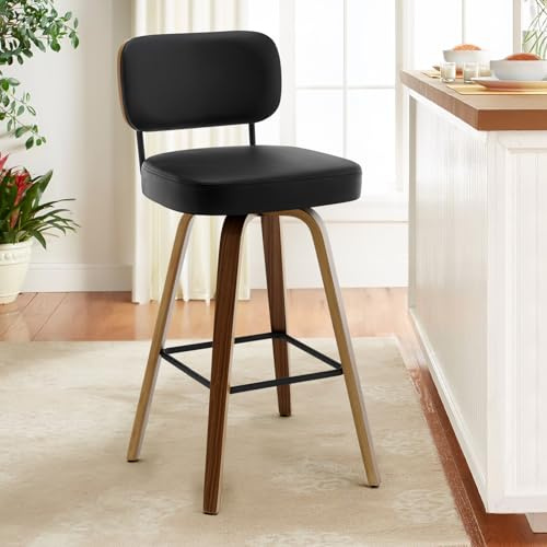 Bekrvio Barhocker 74 cm Sitzhöhe, Barhocker mit Lehne Kunstleder, 360° drehbar, extra Dicker Sitz (7,1 cm), Barstuhl Holz mit 4 Beinen, für hohe Kücheninsel & Theke (101–109 cm) PU-Leder Schwarz