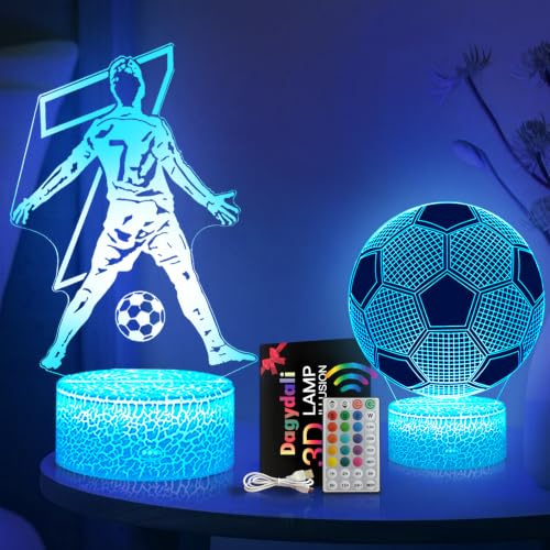 Dagydali 2er-Pack Portugal Fußball Nr.7 Nachtlicht,Fußball Geschenke Jungen, 3D LED Illusionslampen Mit Fernbedienung & Touch 16 Farben Nachttischlampe für Kinder Männer Ronaldo Fans