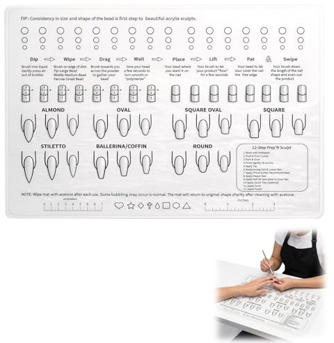 Silicone Nail Mat with 7 Nail Shape Templates – Foldable Practice Mat for Acrylic Nails, Desktop Protector for Manicure Table – Practice Hand Alternative