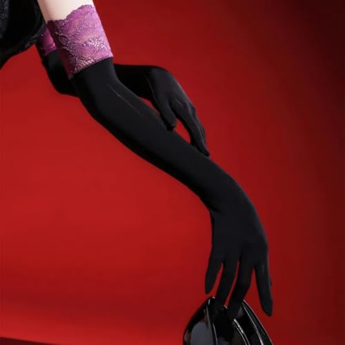 CHENWEIHAI Glossy Shiny Gloves 55Cm Women'S Long Smooth Sexy Stockings Gloves Lace Cuff Decor Elegant Evening Party Clubwear(One Size/Black Purple)