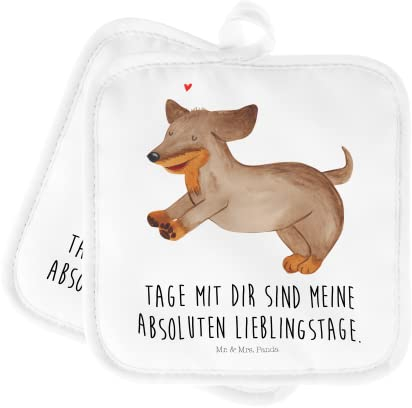 Mr. & Mrs. Panda 2er Set Topflappen Hund Dackel - Geschenk, Topflappen Set, Topflappenset, Hundemotiv, Topfhandschuhe, Topflappen mit Spruch,