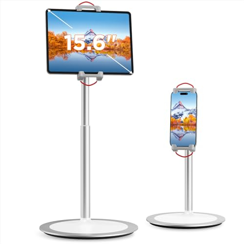 SAIJI Tablet Stand Holder, Adjustable Phone Stand, 360 Degree Rotating, Aluminum Alloy Cradle Desktop Holder Dock for 4.7-12.9 Screen Phones (Silver)