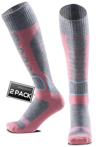 WEIERYA Calze Sci Uomo in Lana Merino - Calze da Sci per Uomo e Donna,Termiche, Antiscivolo, Ideali per Sci, Snowboard e Inverno,2 Paia,Rosa,41-44