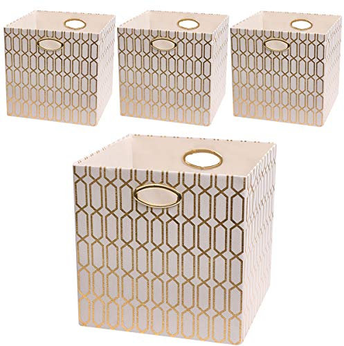 Posprica Storage Bins, Storage Cubes,13×13 Fabric Drawers Organizer Basket Boxes Containers (13×13×13/4pcs, Cream/gold geometry Pattern)